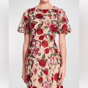 Marchesa Notte Floral-Embroidered Bodycon Midi Dress